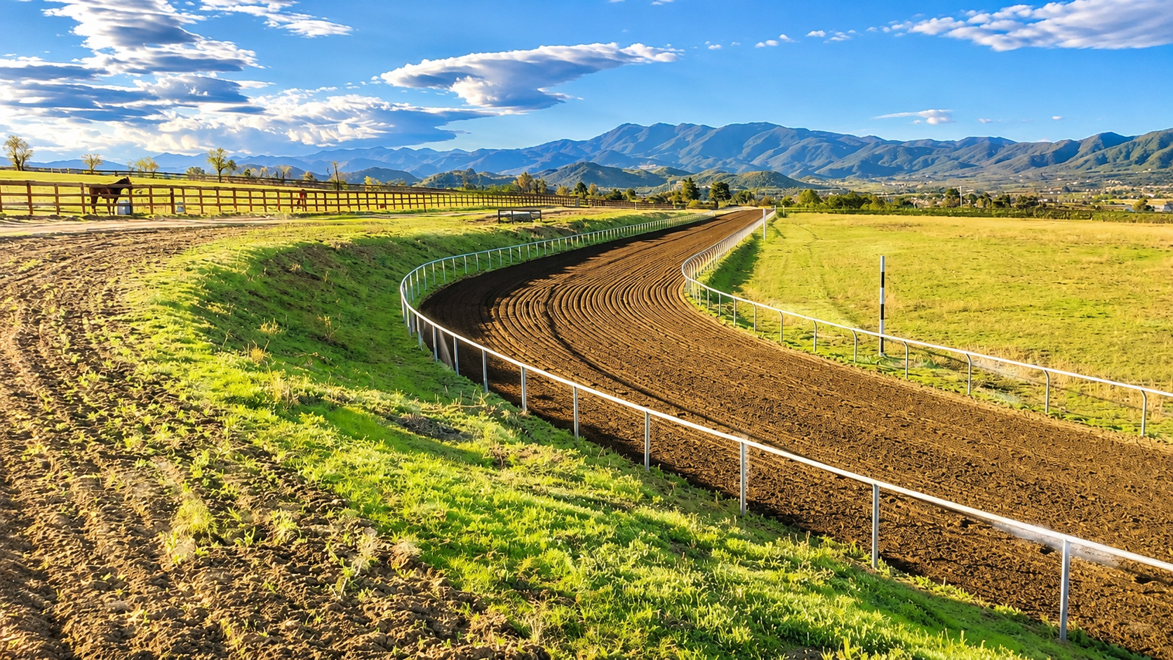 Newfield Farm racetrack curving through green pastures with mountain backdrop